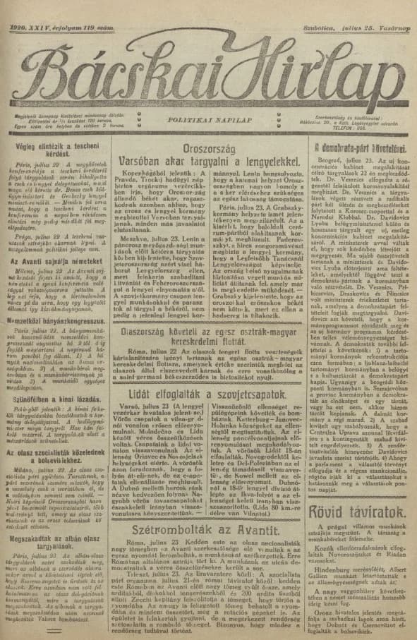 Bácskai Hirlap, 24. évf. 1920. július 25. 119. sz.