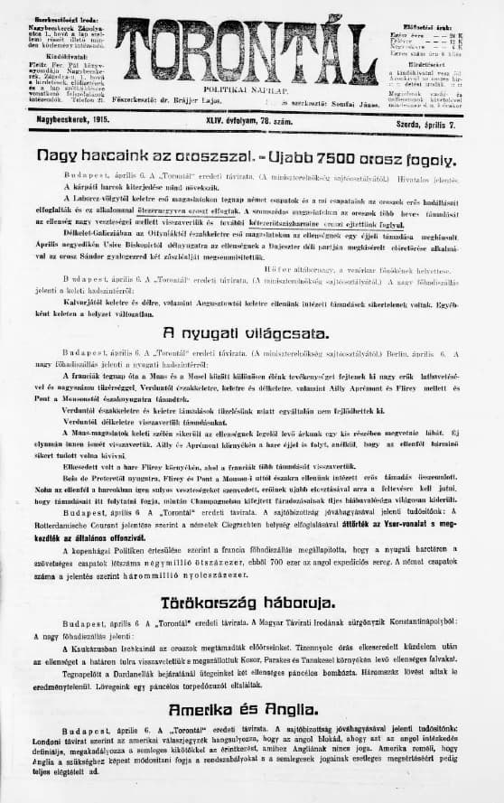 Torontál, 44. évf. 1915. április 7. 78. sz.