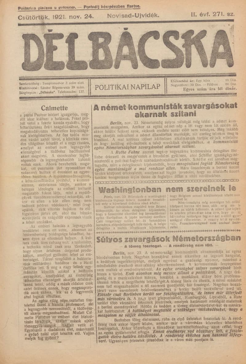 Délbácska, 2. évf. 1921. november 24. 271. sz.
