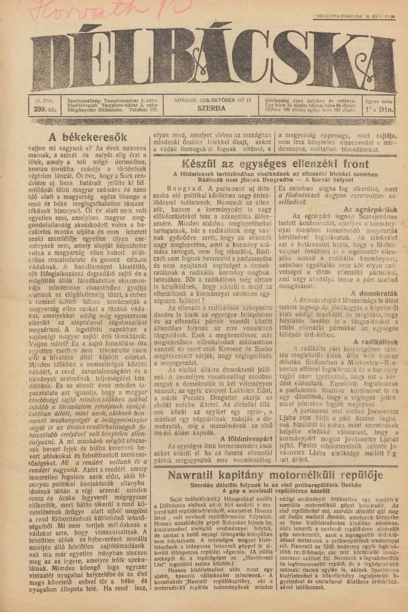 Délbácska, 4. évf. 1923. október 17. 239. sz.