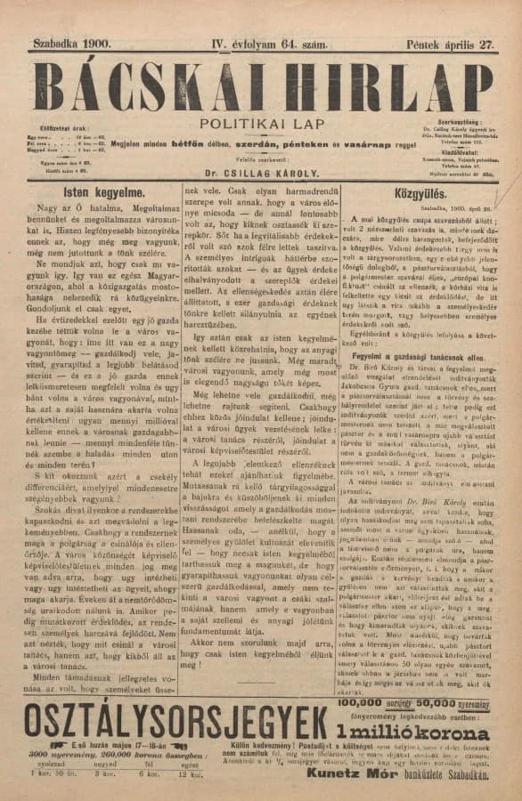 Bácskai Hirlap, 4. évf. 1900. április 27. 64. sz.