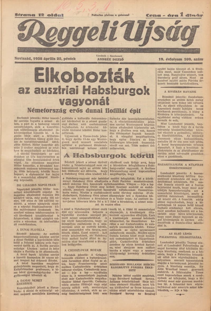 Reggeli Újság, 19. évf. 1938. április 22. 109. sz.