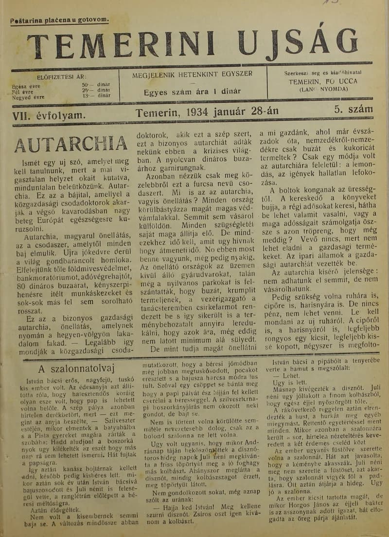 Temerini Újság 1928-1944, 7. évf. 1934. január 28. 5. sz.