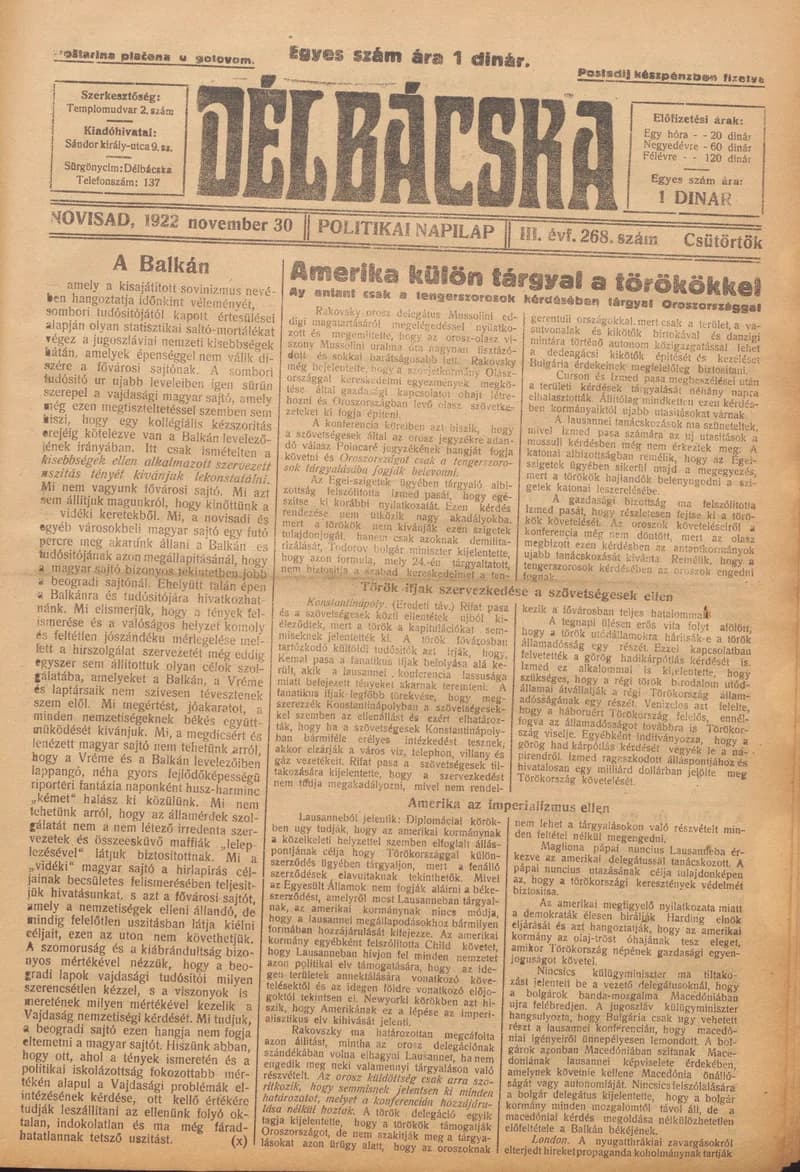 Délbácska, 3. évf. 1922. november 30. 268. sz.