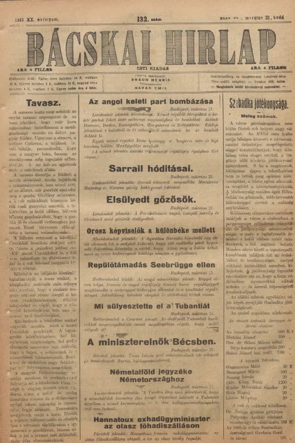 Bácskai Hirlap, 20. évf. 1916. március 21. 132. sz.