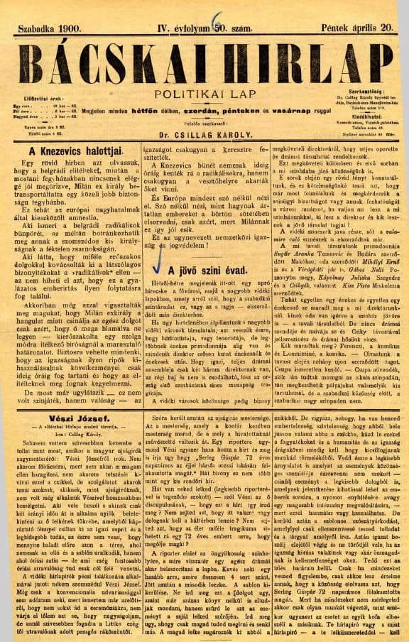 Bácskai Hirlap, 4. évf. 1900. április 20. 60. sz.