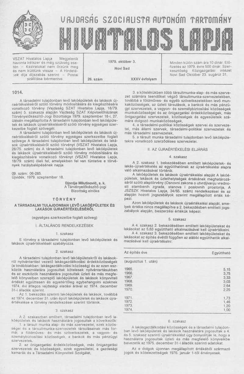 Vajdaság Szocialista Autonóm Tartomány Hivatalos Lapja, 35. évf. 1979. október 3. 26. sz. 1165–1180. oldal