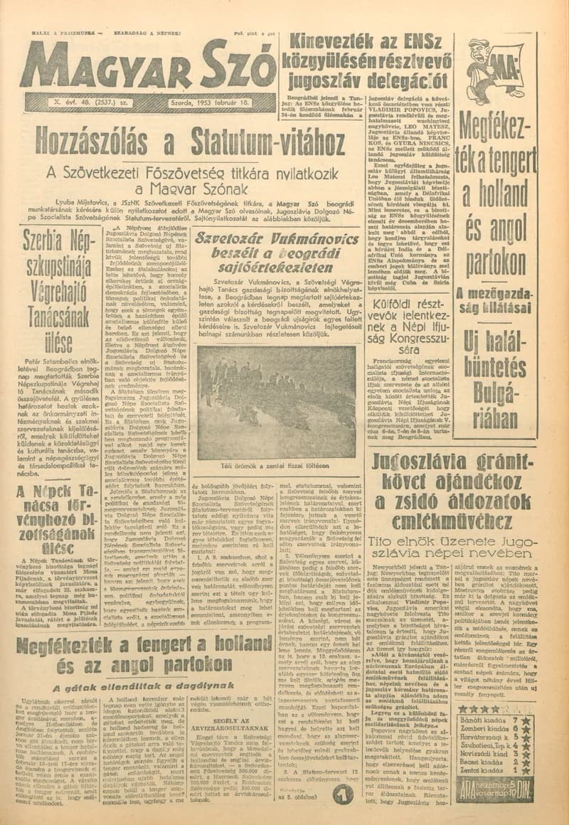 Magyar Szó, 10. évf. 1953. február 18. 48. sz. 1–10. oldal