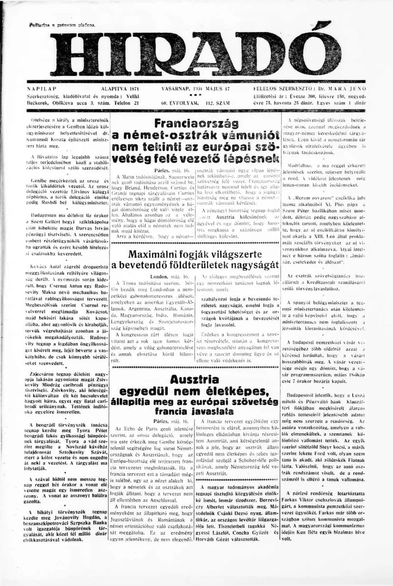 Híradó, 60. évf. 1931. május 17. 112. sz.