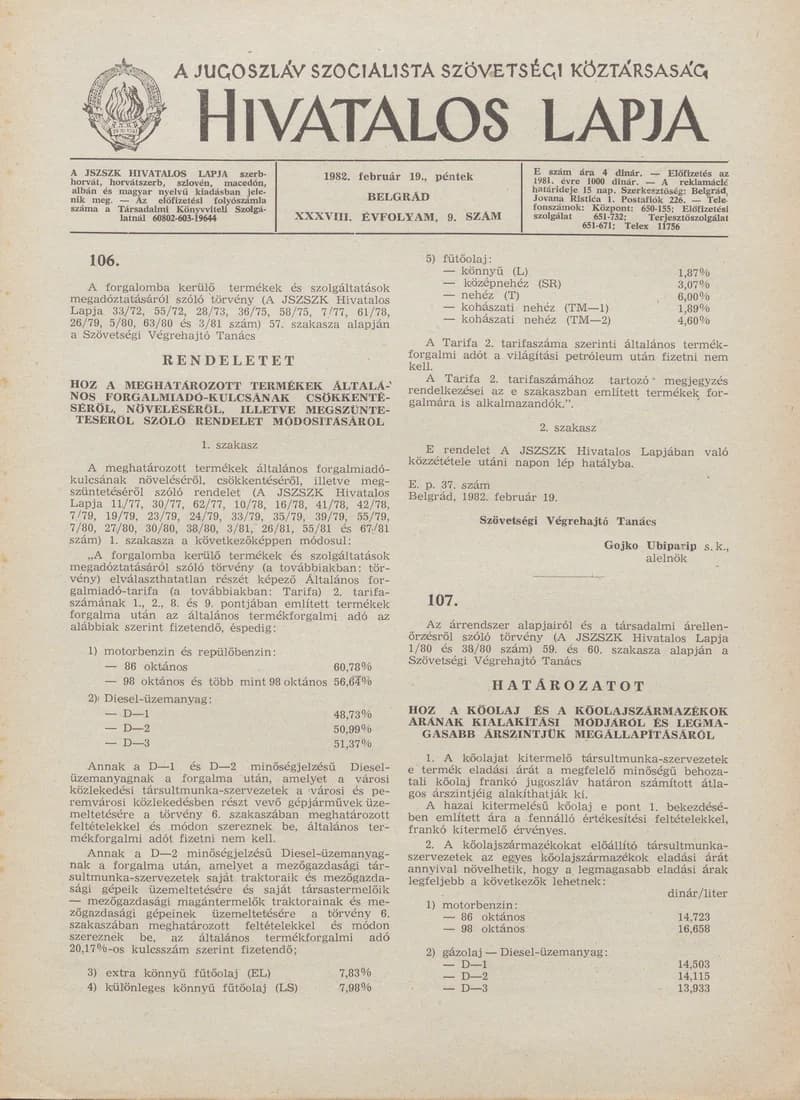 A Jugoszláv Szocialista Szövetségi Köztársaság Hivatalos Lapja, 38. évf. 1982. február 19. 9. sz. 269–276. oldal