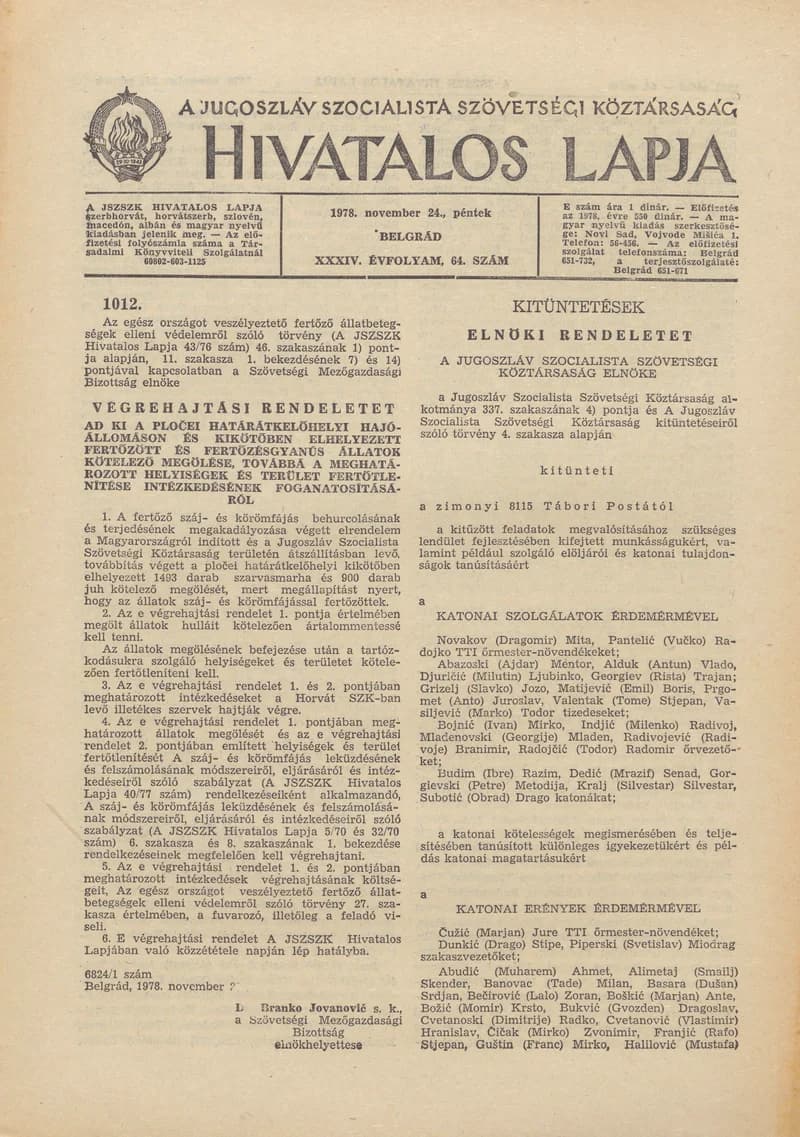 A Jugoszláv Szocialista Szövetségi Köztársaság Hivatalos Lapja, 34. évf. 1978. november 24. 64. sz. 2537–3540. oldal