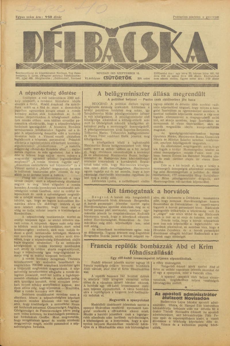 Délbácska, 6. évf. 1925. szeptember 10. 209. sz.