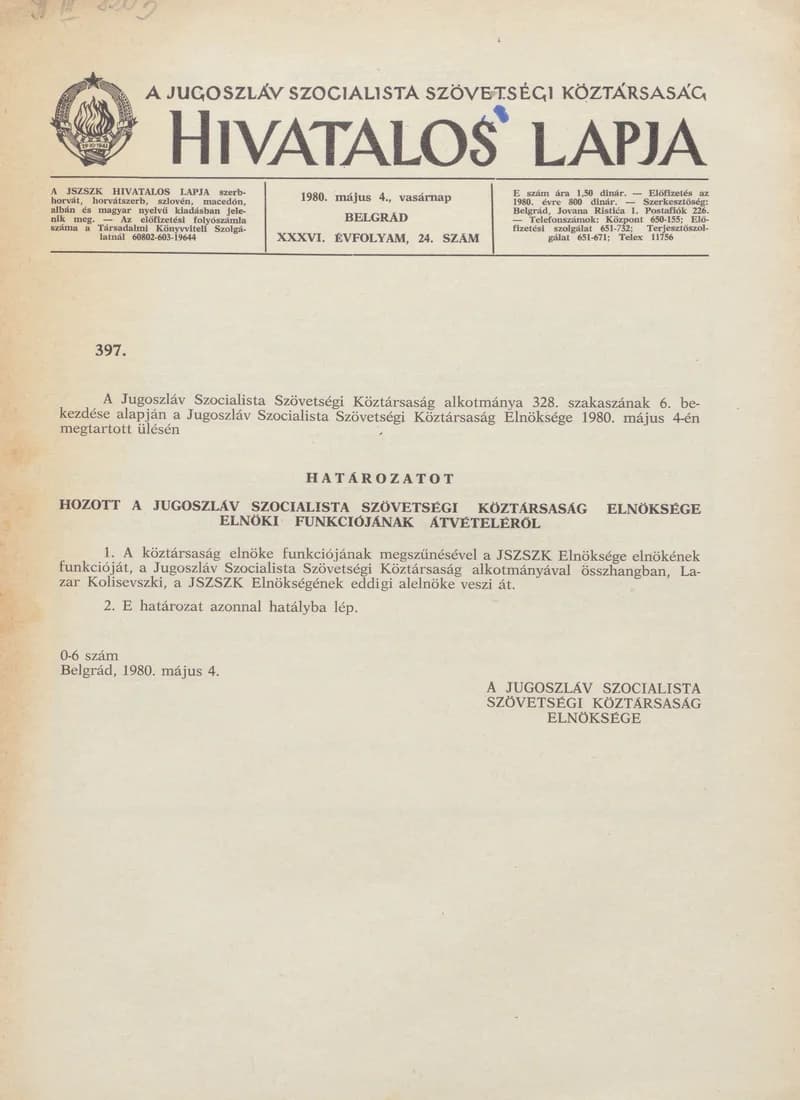 A Jugoszláv Szocialista Szövetségi Köztársaság Hivatalos Lapja, 36. évf. 1980. május 4. 24. sz. 849–852. oldal