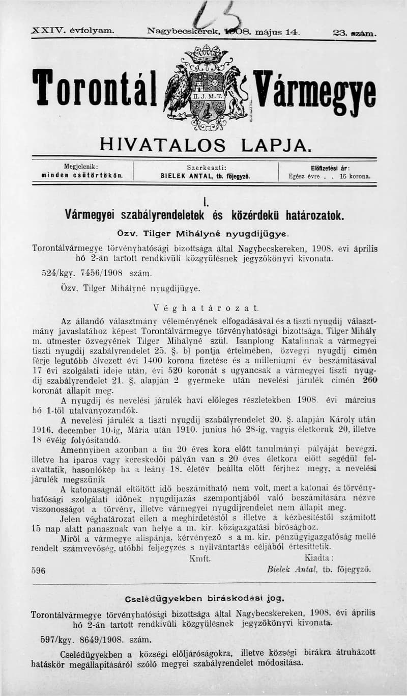 Torontál Vármegye Hivatalos Lapja, 24. évf. 1908. május 14. 23. sz.