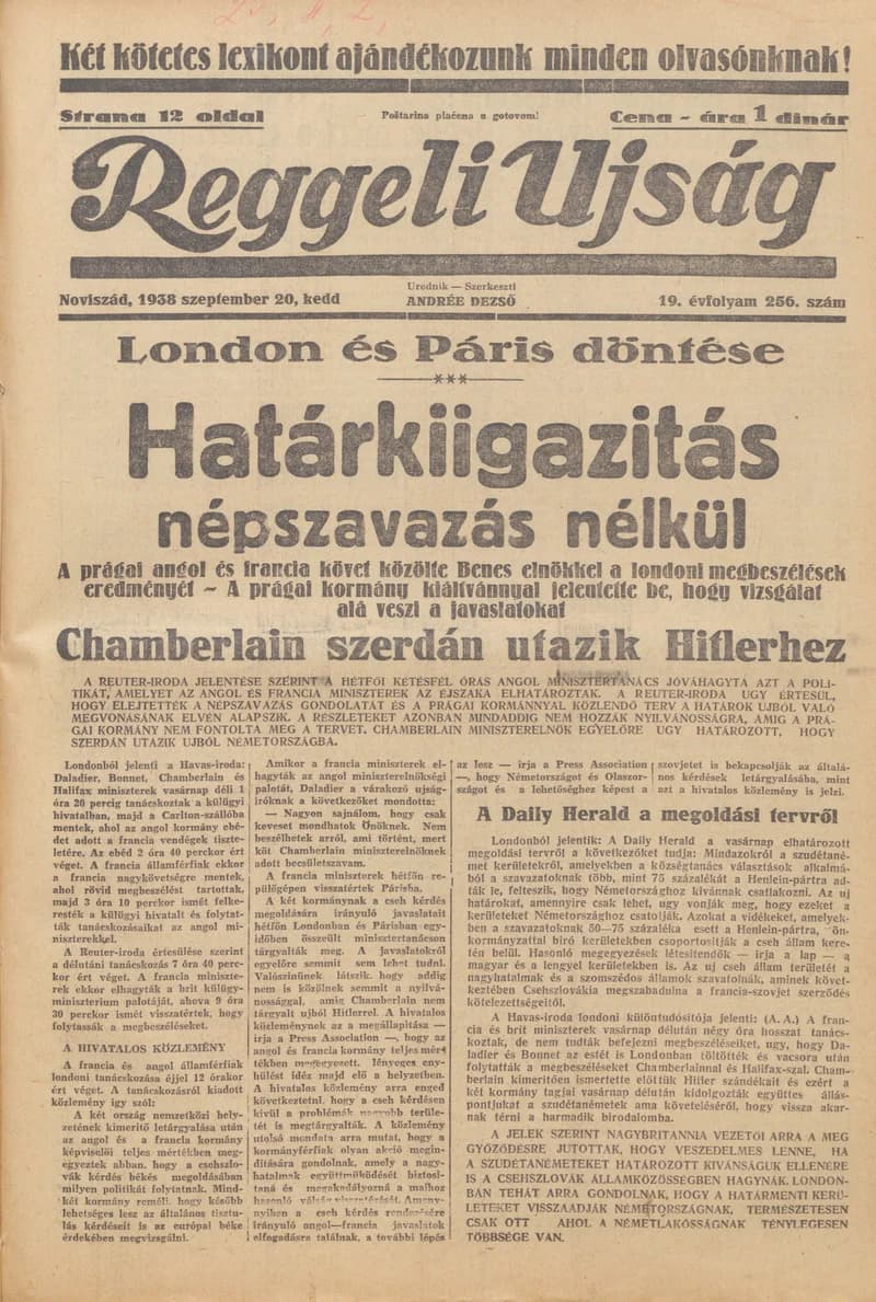 Reggeli Újság, 19. évf. 1938. szeptember 20. 256. sz.