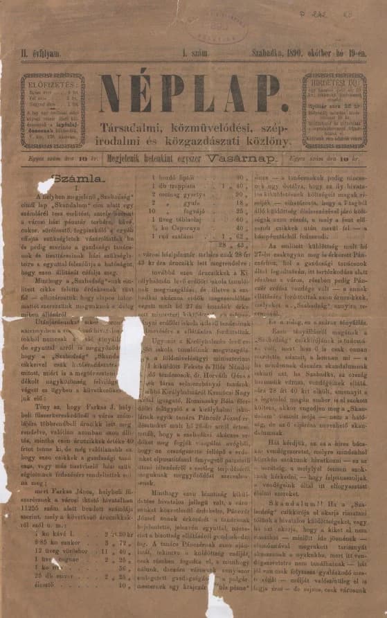 Néplap, 4. évf. 1890. október 19. 1. sz.