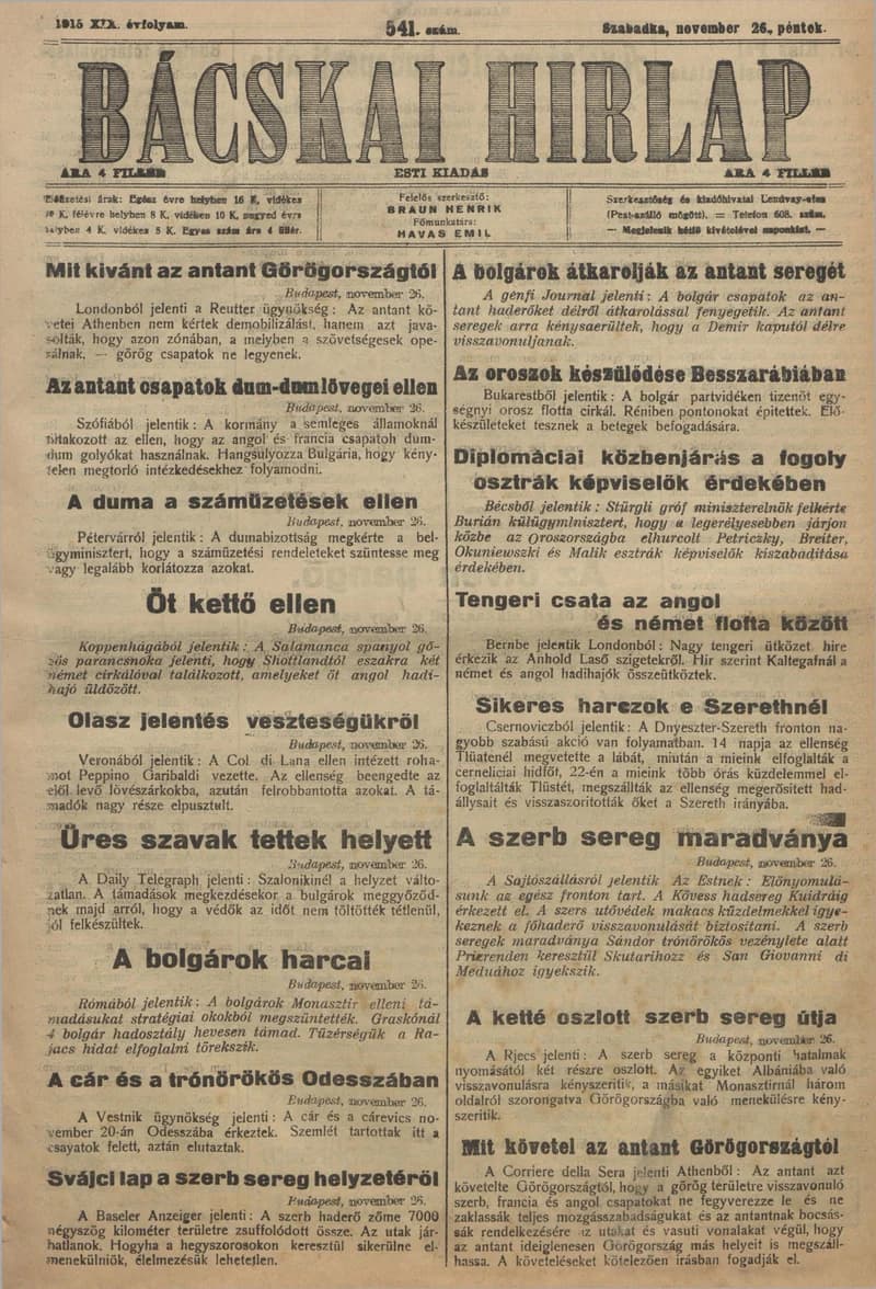 Bácskai Hirlap, 19. évf. 1915. november 26. 541. sz.