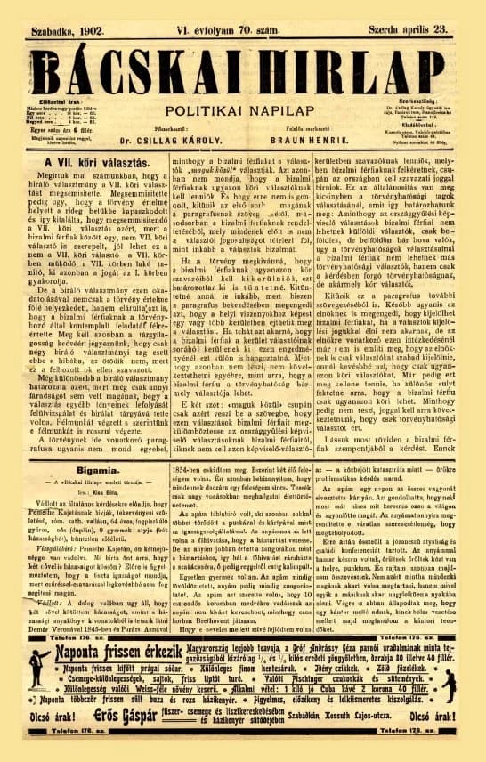 Bácskai Hirlap, 6. évf. 1902. április 23. 70. sz.