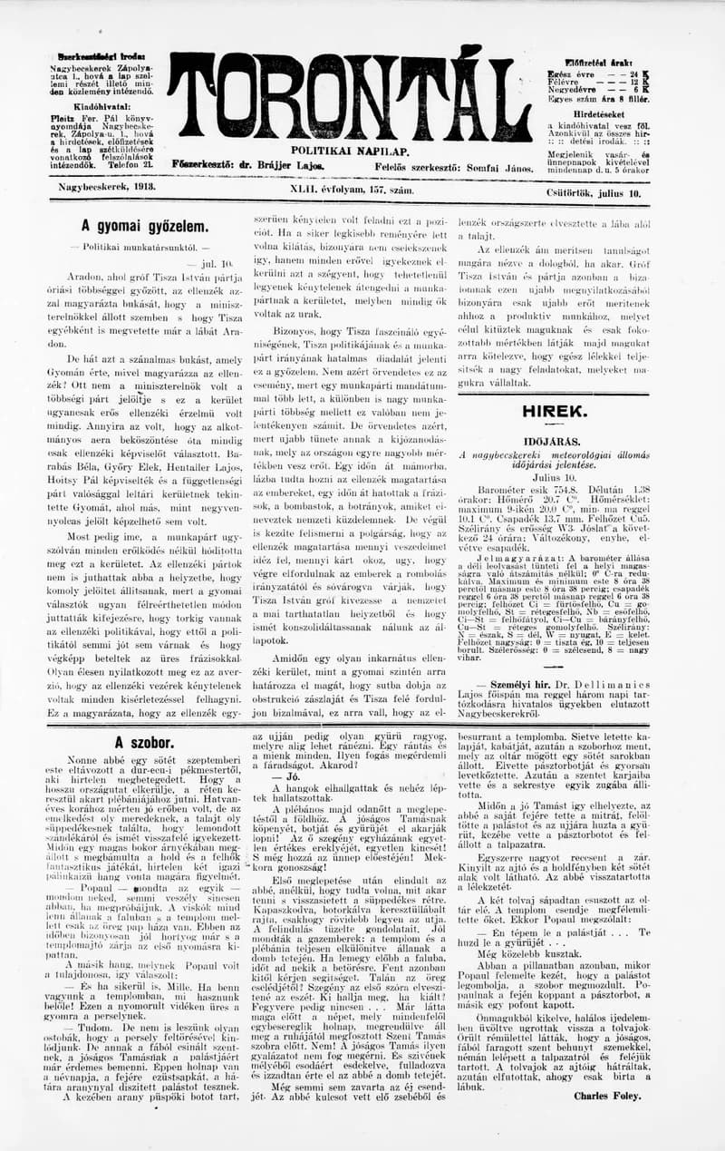 Torontál, 42. évf. 1913. július 10. 157. sz.