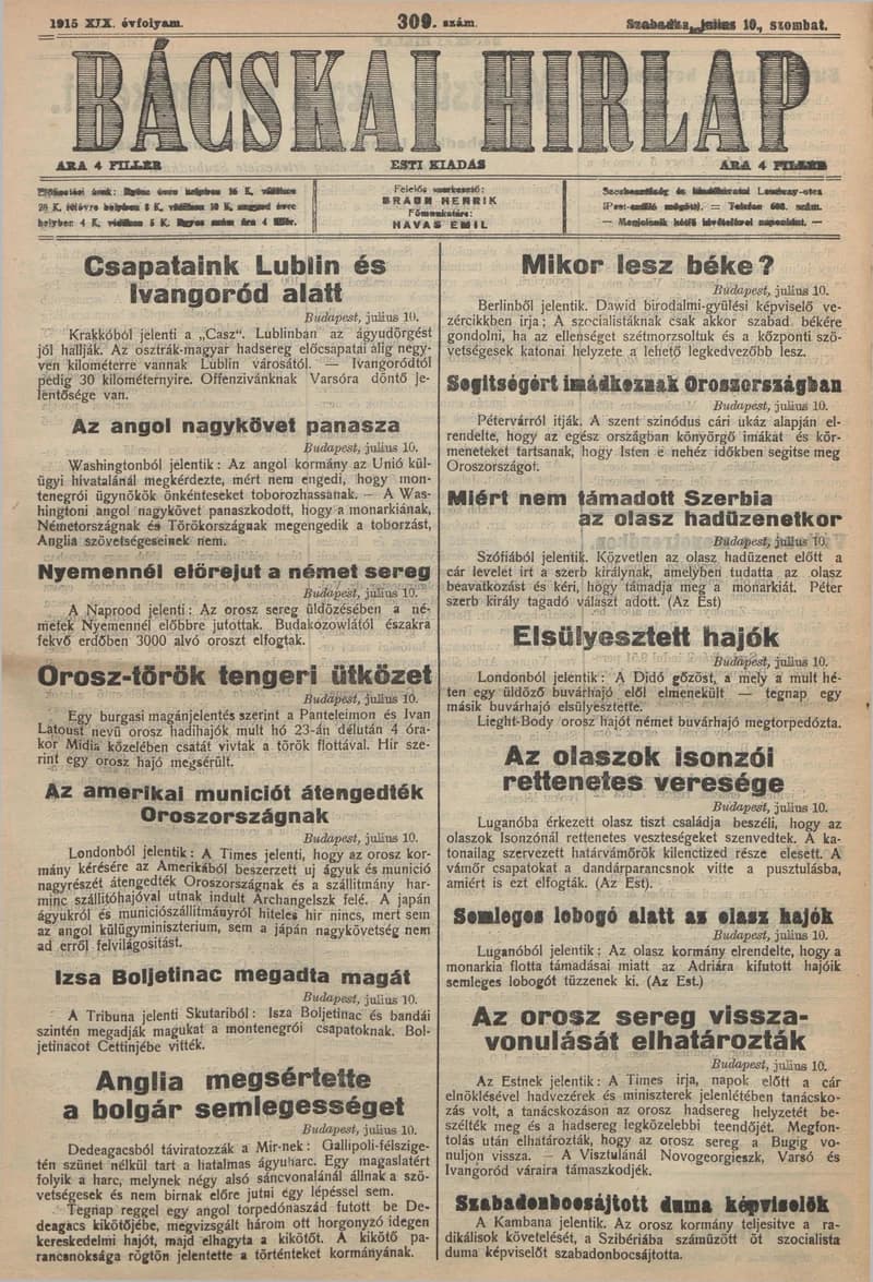 Bácskai Hirlap, 19. évf. 1915. július 10. 309. sz.