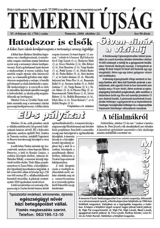Temerini Újság, 15. évf. 2009. október 22. 42. sz.