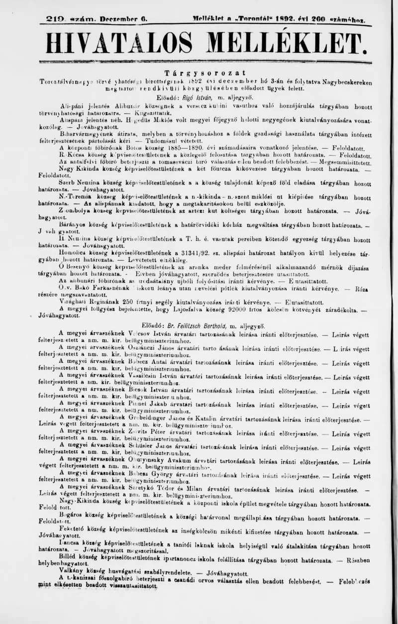 A Totontál  hivatalos melléklete, 5. évf. 1892. december 6. 219. sz.