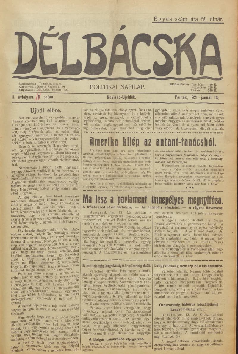 Délbácska, 2. évf. 1921. január 14. 11. sz.