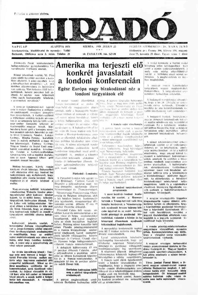 Híradó, 60. évf. 1931. július 22. 166. sz.