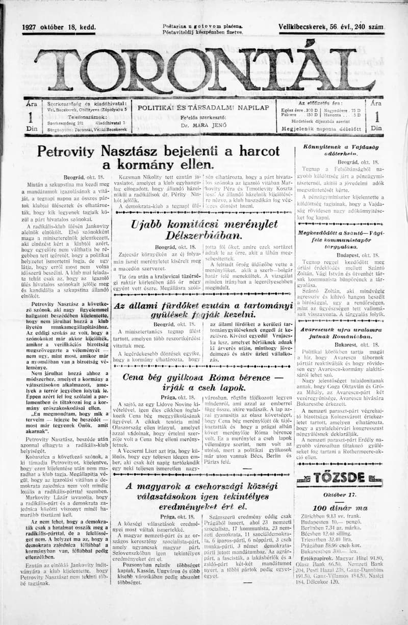 Torontál, 56. évf. 1927. október 18. 240. sz.