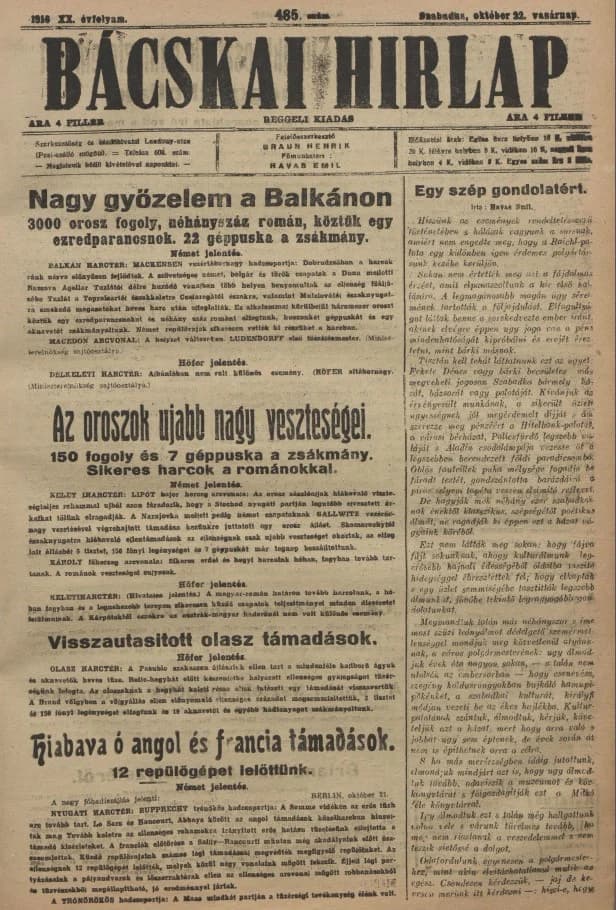 Bácskai Hirlap, 20. évf. 1916. október 22. 485. sz.