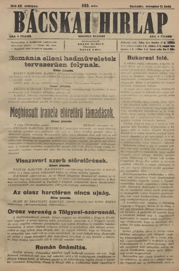 Bácskai Hirlap, 20. évf. 1916. november 21. 533. sz.