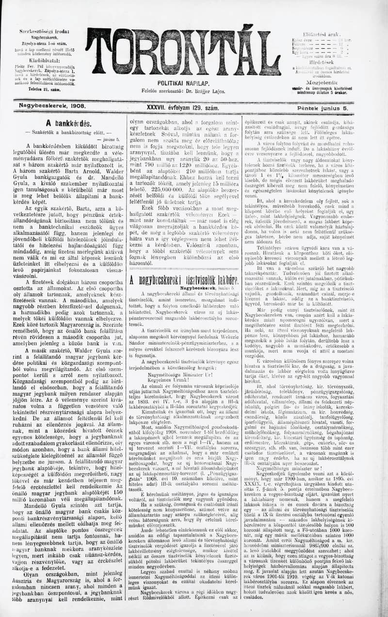 Torontál, 37. évf. 1908. június 5. 129. sz.