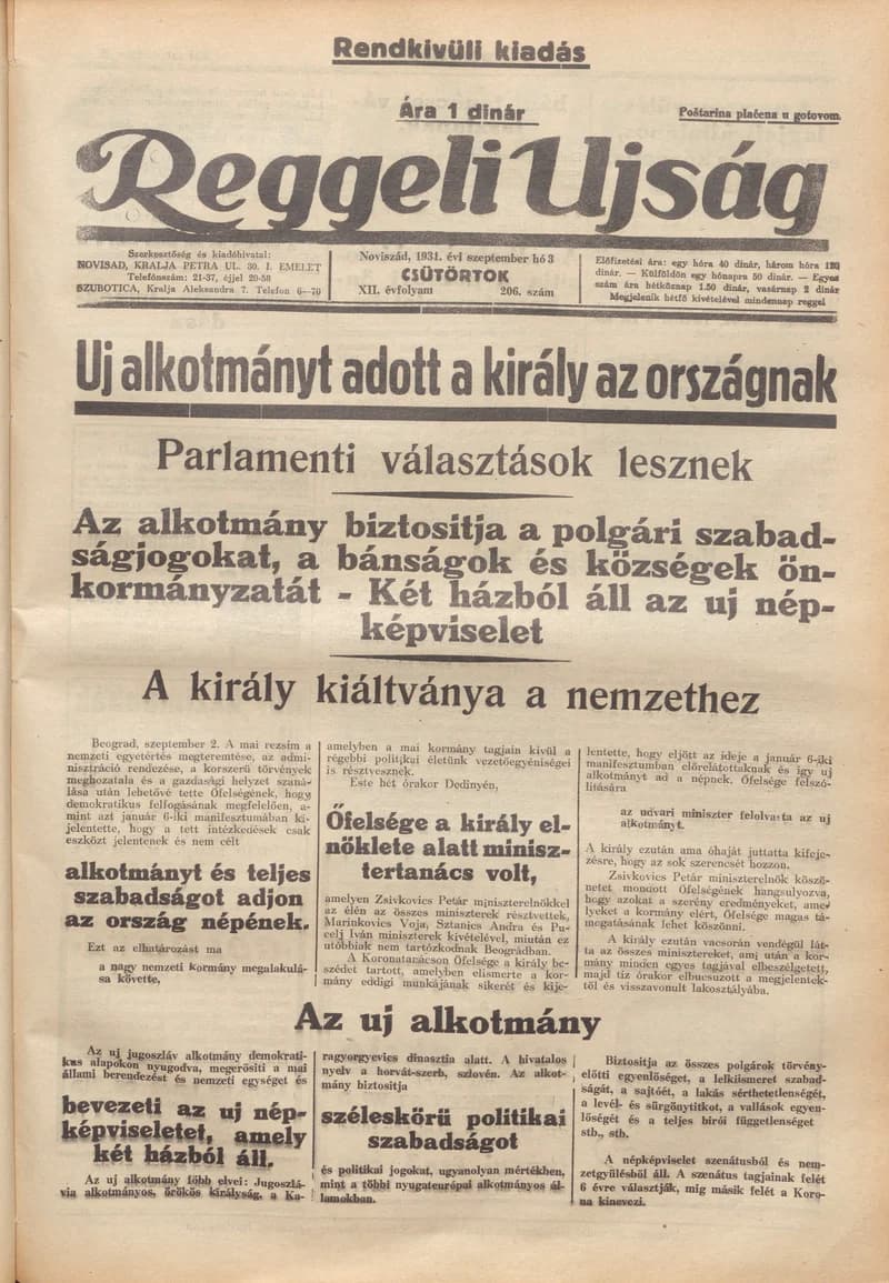 Reggeli Újság, 12. évf. 1931. szeptember 3. 206. sz.