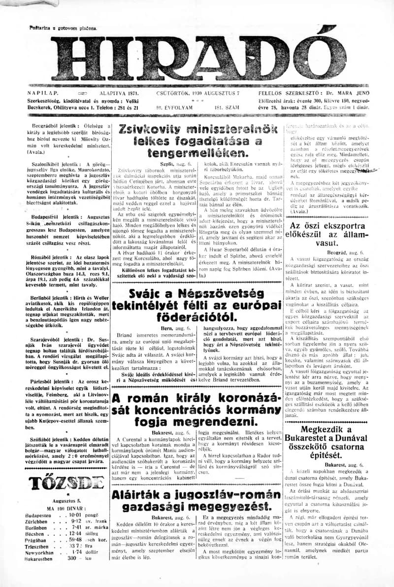 Híradó, 59. évf. 1930. augusztus 7. 181. sz.