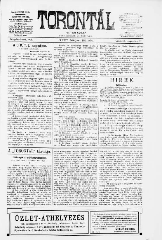 Torontál, 34. évf. 1905. augusztus 17. 186. sz.
