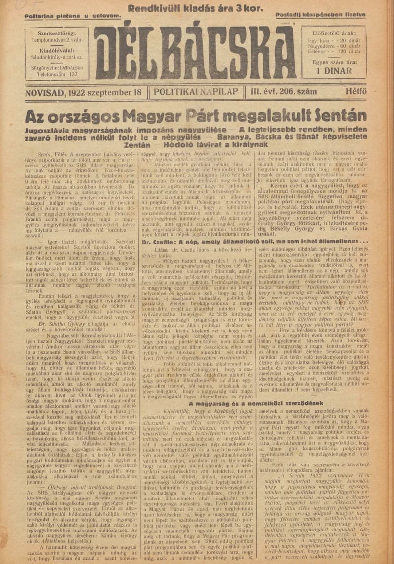 Délbácska, 3. évf. 1922. szeptember 19. 207. sz.