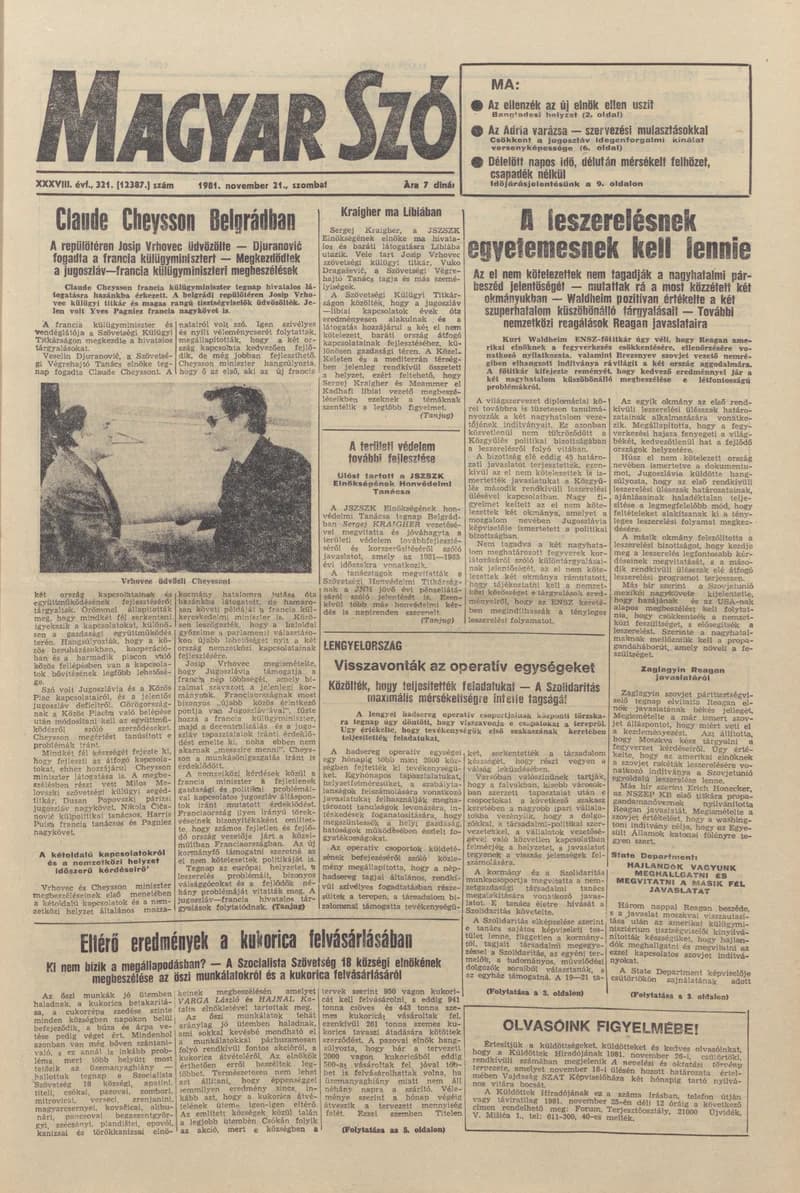 Magyar Szó, 38. évf. 1981. november 21. 321. sz.