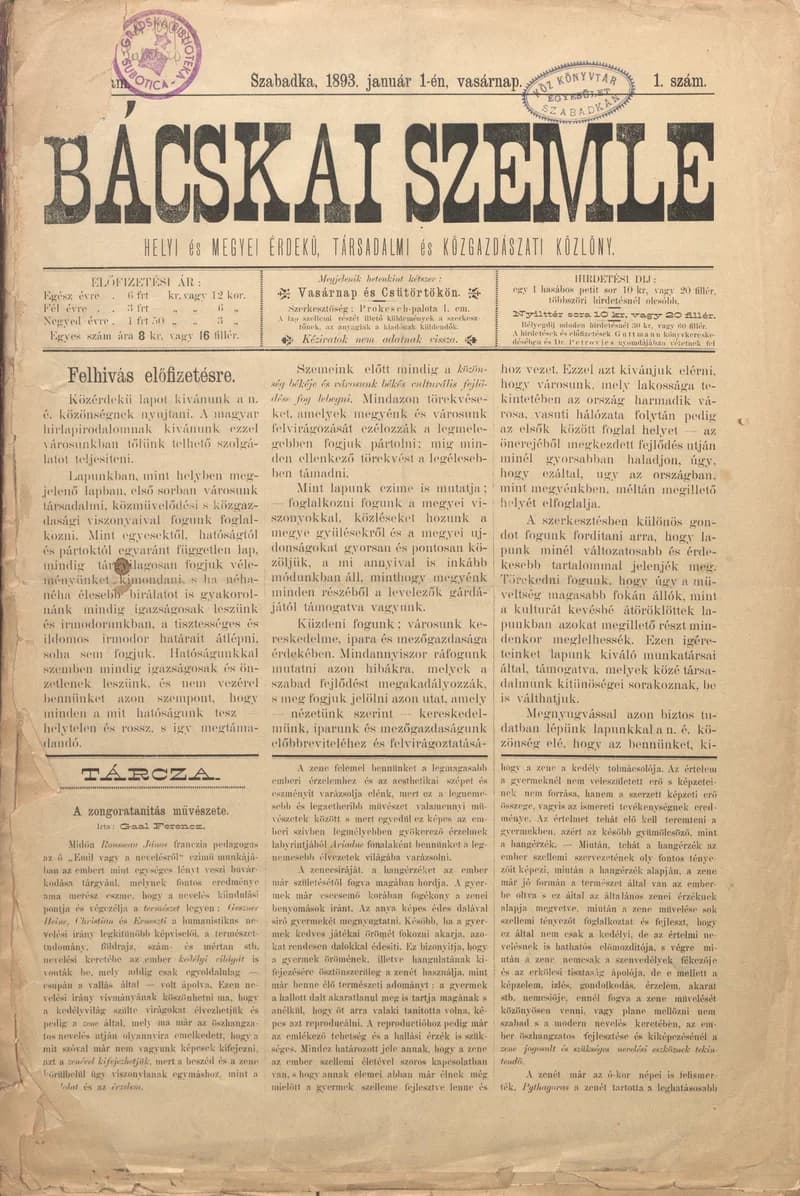 Bácskai Szemle, 1. évf. 1893. január 1. 1. sz.