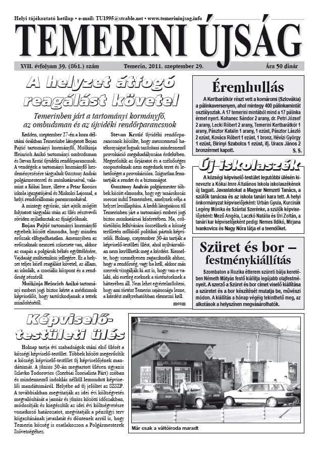 Temerini Újság, 17. évf. 2011. szeptember 29. 39. sz.