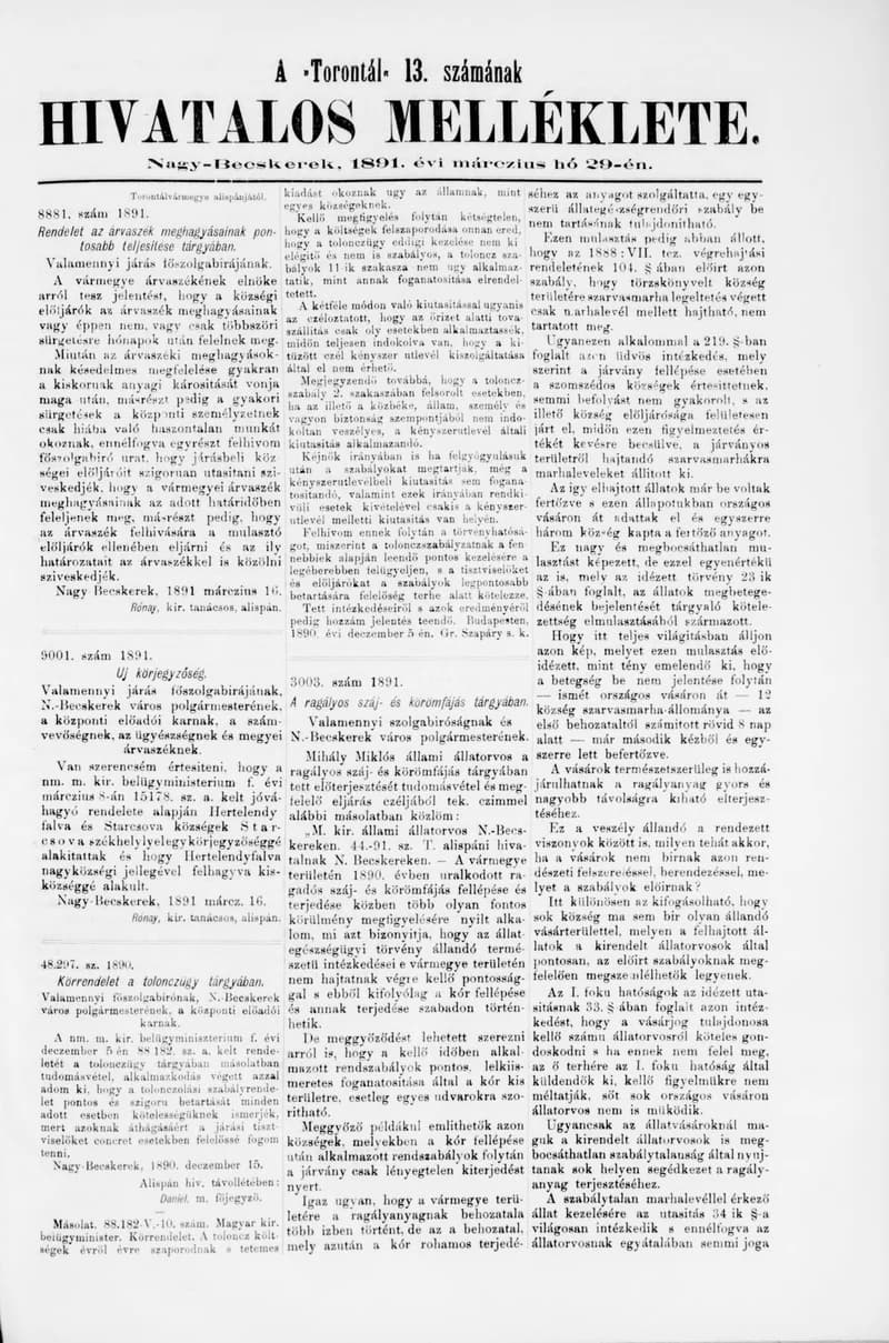 A Totontál  hivatalos melléklete, 4. évf. 1891. március 29. 13. sz.