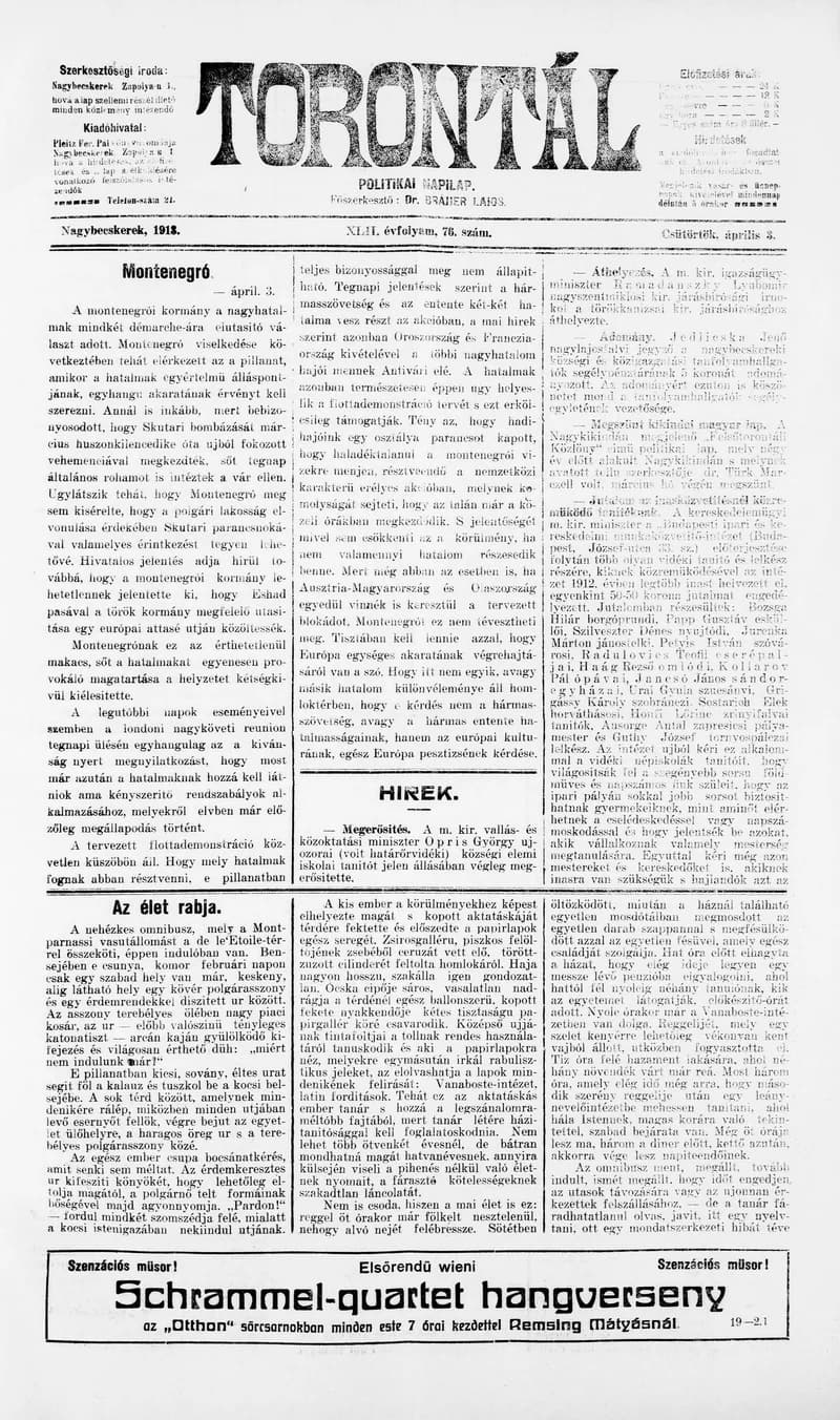 Torontál, 42. évf. 1913. április 3. 76. sz.