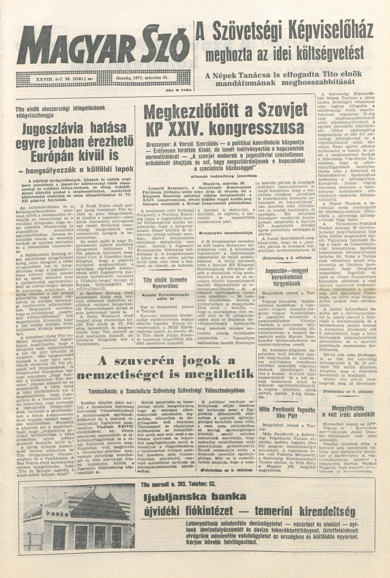 Magyar Szó, 28. évf. 1971. március 31. 88. sz. 1–16. oldal