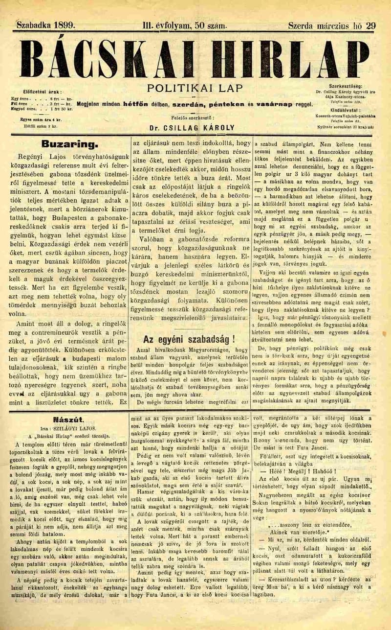 Bácskai Hirlap, 3. évf. 1899. március 29. 50. sz.