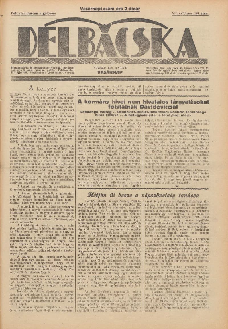 Délbácska, 7. évf. 1926. június 6. 128. sz.