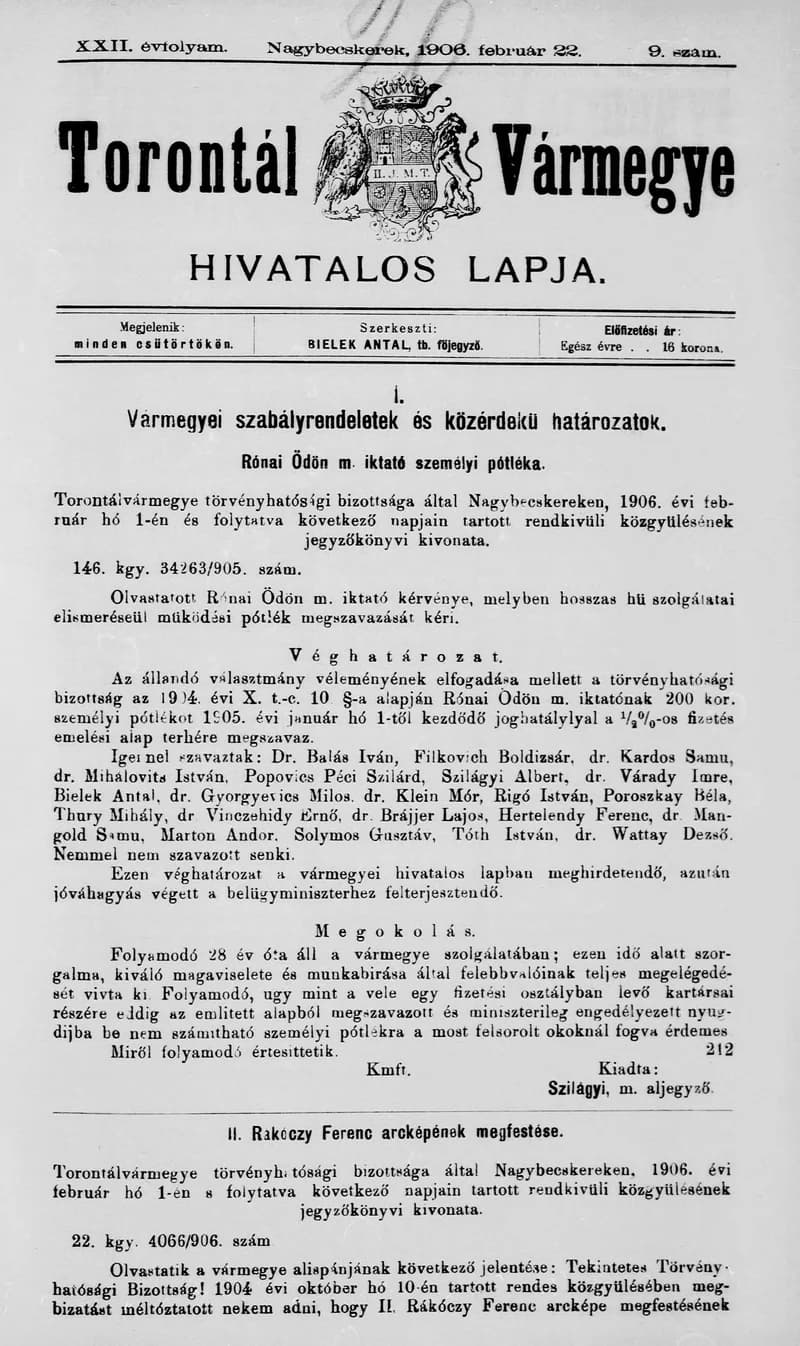Torontál Vármegye Hivatalos Lapja, 22. évf. 1906. február 22. 9. sz.
