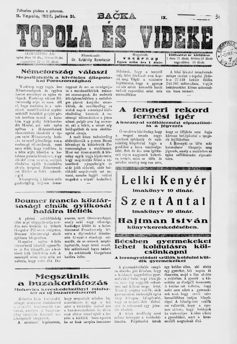 Bačka Topola és Vidéke, 9. évf. 1932. július 31. 31. sz.