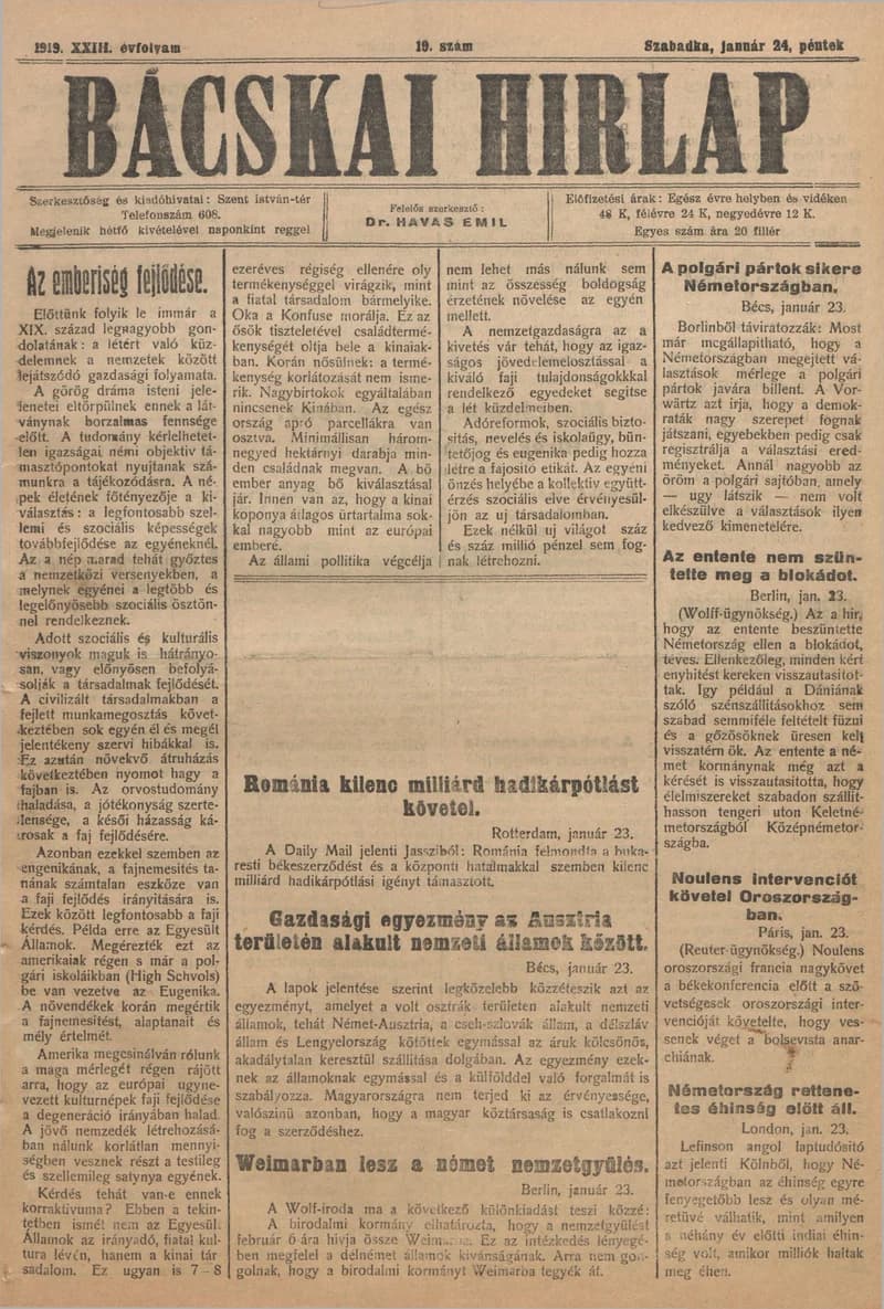 Bácskai Hirlap, 23. évf. 1919. június 24. 19. sz.
