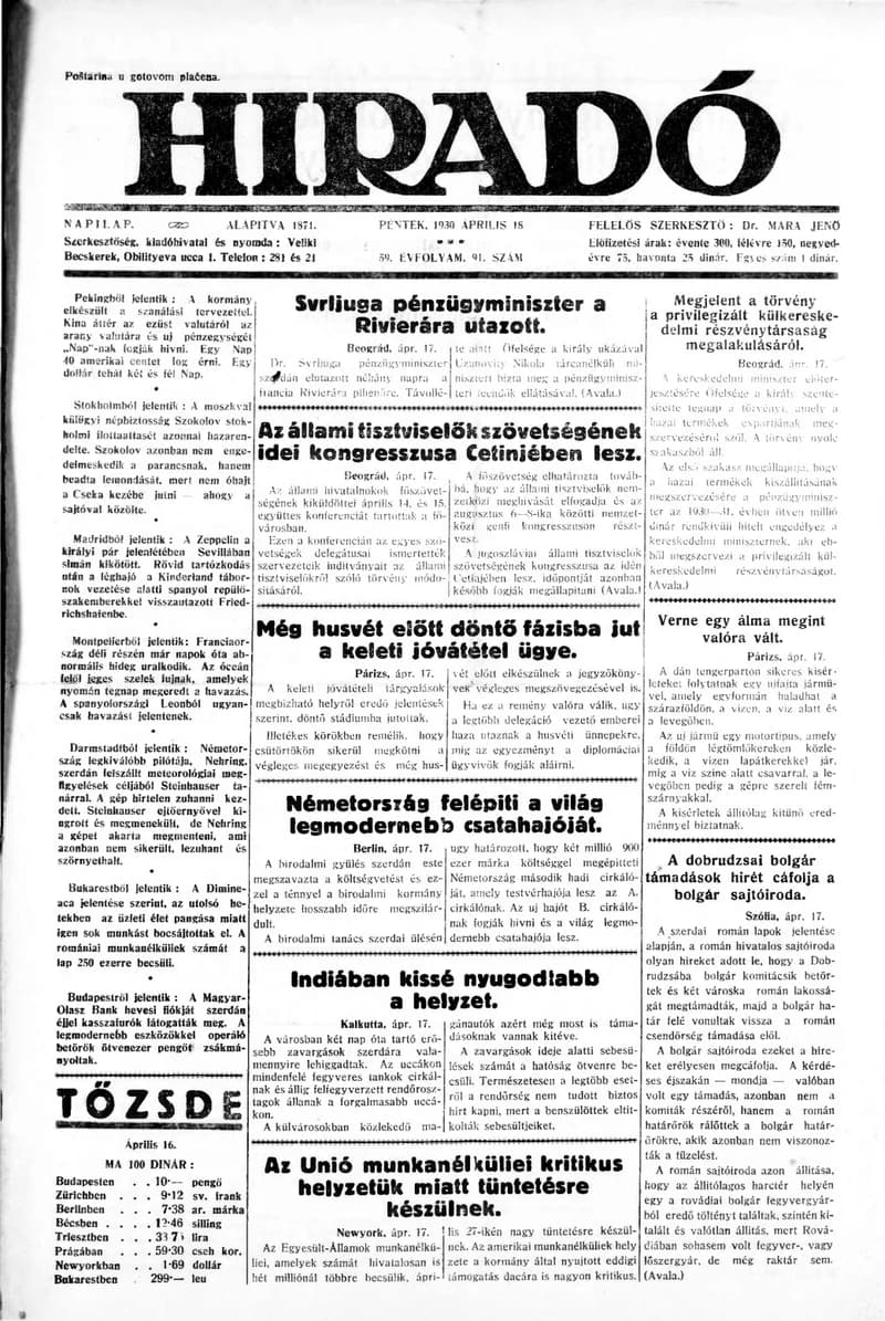 Híradó, 59. évf. 1930. április 18. 91. sz.