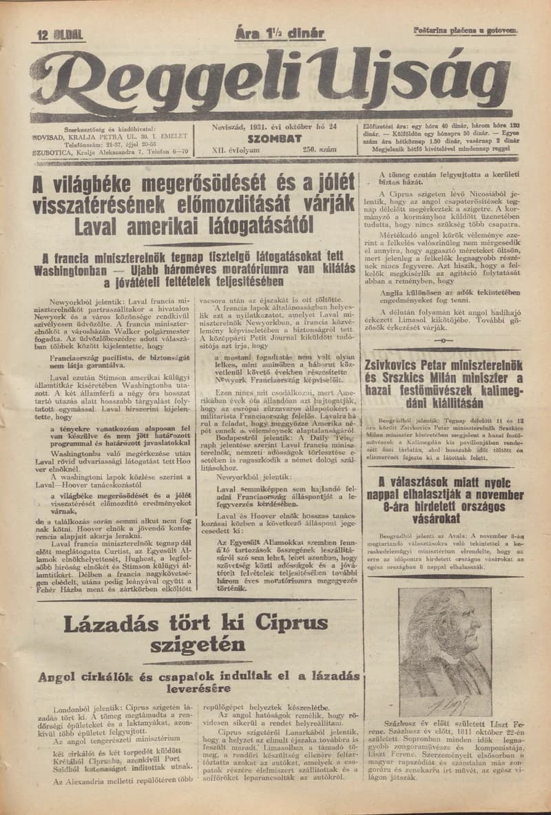 Reggeli Újság, 12. évf. 1931. október 24. 250. sz.
