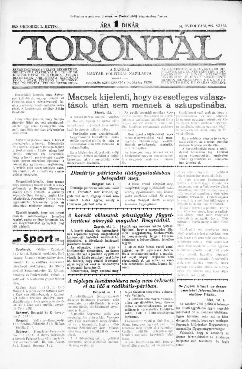 Torontál, 57. évf. 1928. október 1. 227. sz.